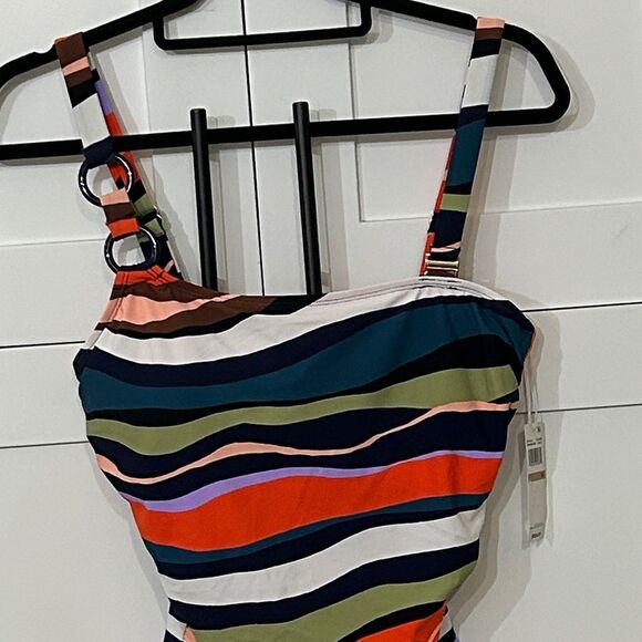 Anne Cole Ring Strap Multicolor Striped One Piece Swimsuit - Sz 12 NWT - Picture 3 of 11